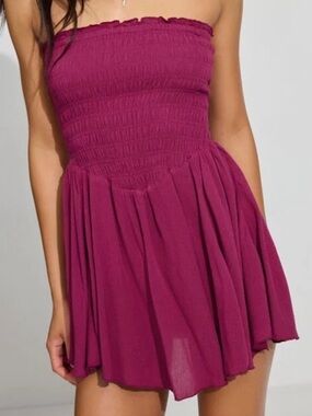 Garage Magenta Strapless Smocked Mini Dress